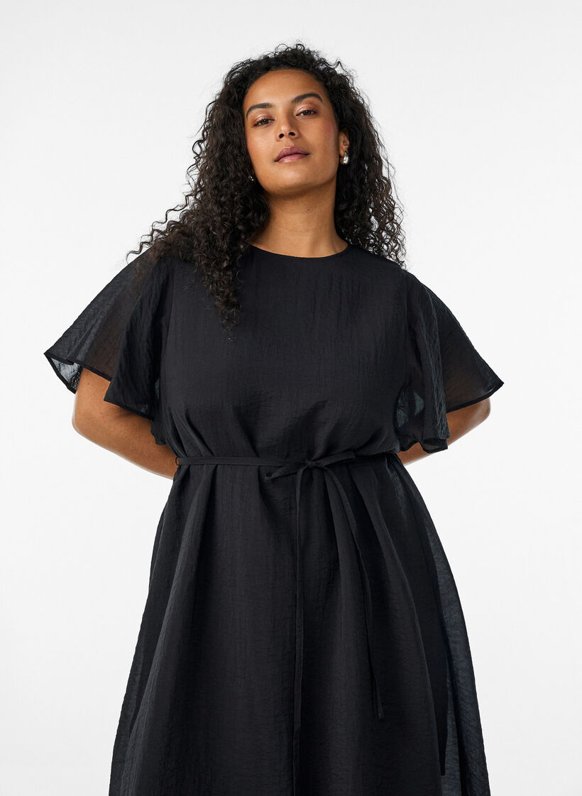 Kn&ouml;chellanges Kleid mit Fl&uuml;gel&auml;rmeln und Bindeg&uuml;rtel, Schwarz, Model image number 2