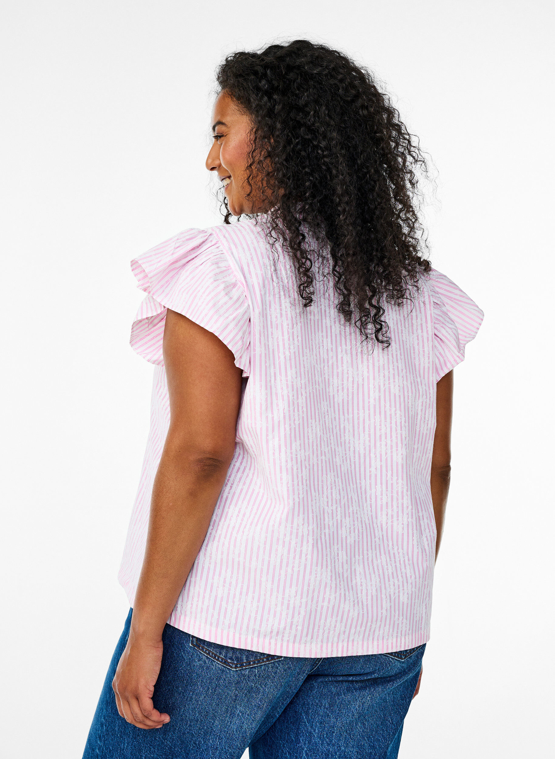 Zizzi&Auml;rmellose Bluse mit Streifen und Blumendruck, Pink, Model image number 2
