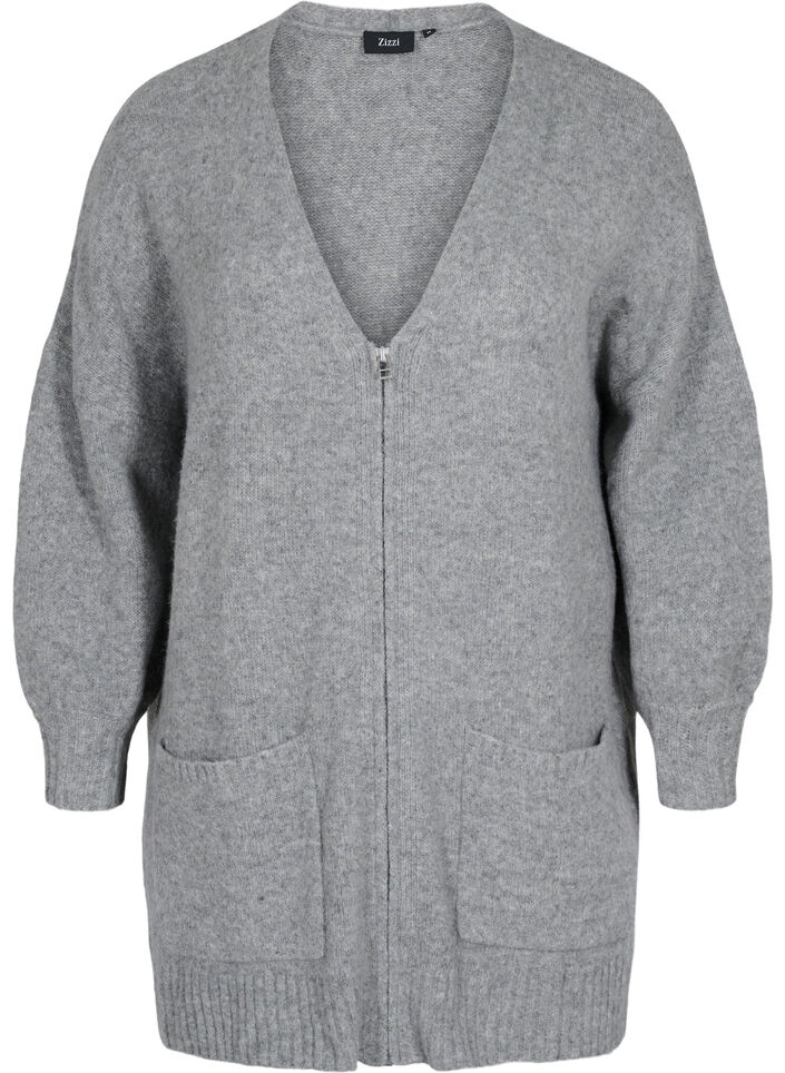 Langer Strick-Cardigan mit Reißverschluss und Taschen, Medium Grey Melange, Packshot image number 0