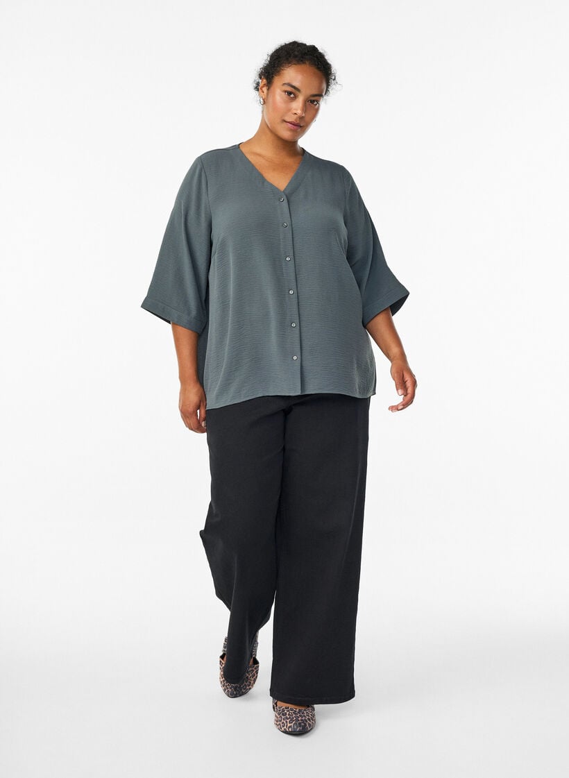FLASH &ndash; Bluse mit V-Ausschnitt und 3/4-&Auml;rmeln, Gr&uuml;n, Model image number 1