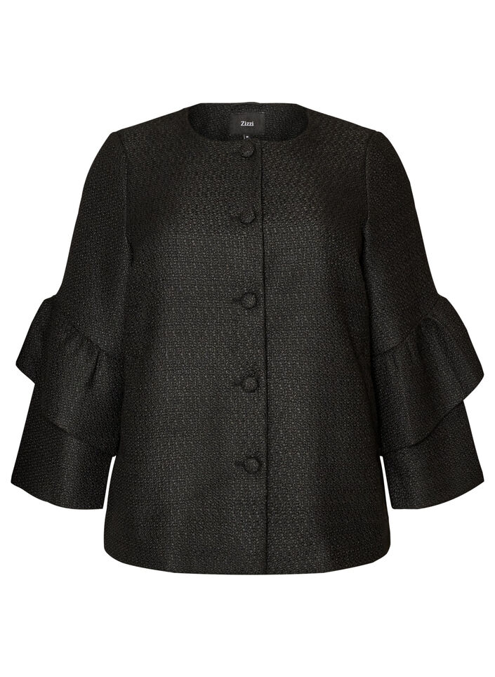 Boucl&eacute;-Jacke mit R&uuml;schendetails, Schwarz, Packshot image number 0