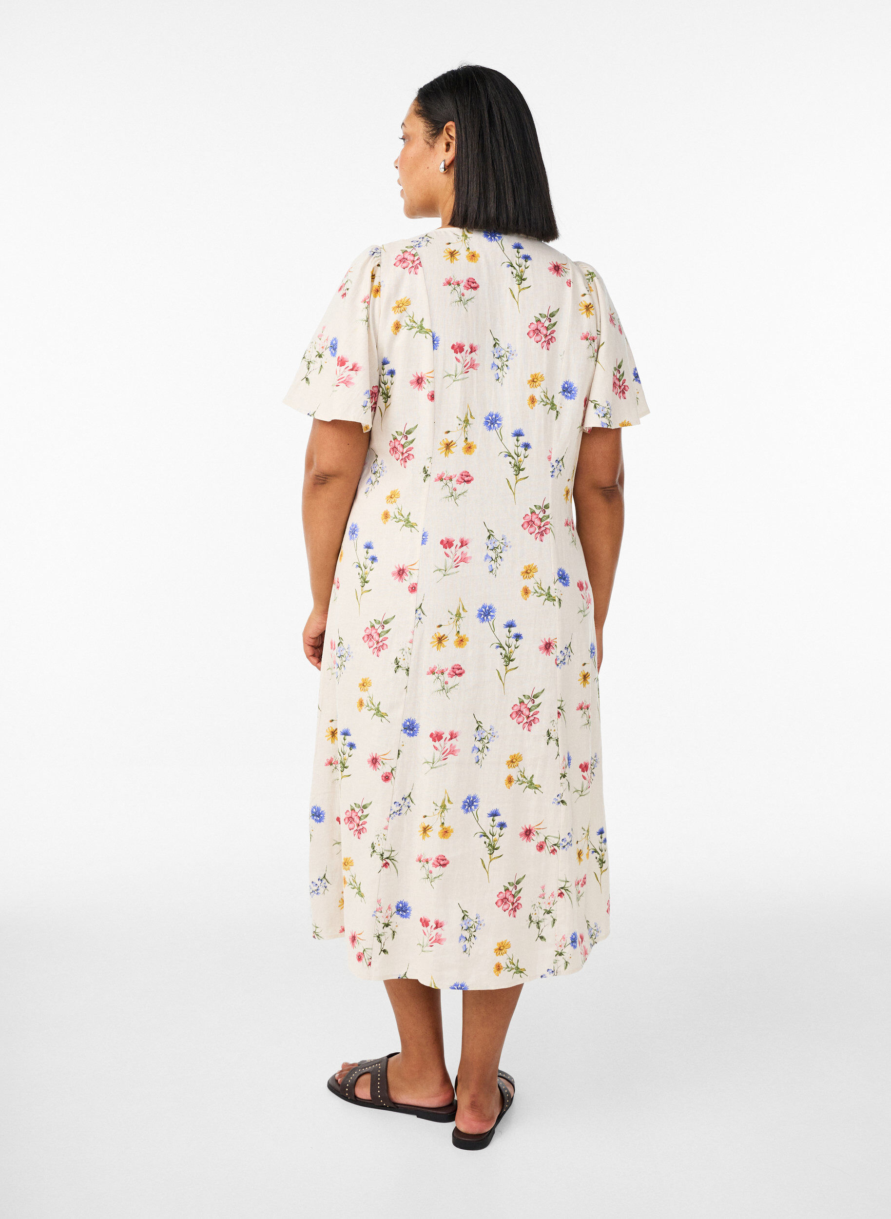 ZizziMidikleid aus Leinen und Viskose mit R&uuml;schen&auml;rmeln, Beige, Model image number 1