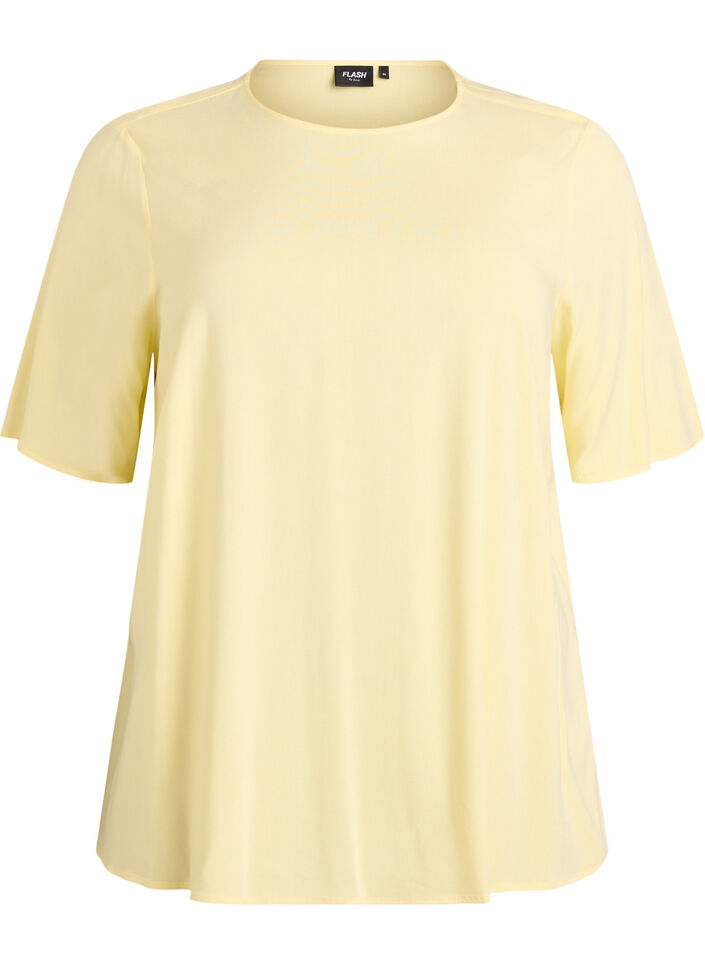 Kurz&auml;rmelige, gewebte Bluse mit Rundhals, Gelb, Packshot image number 0