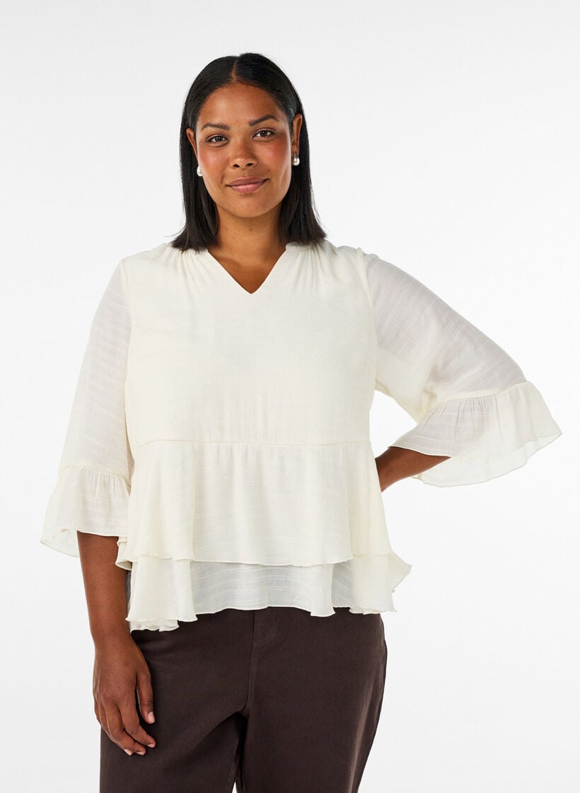 Bluse mit 3/4-&Auml;rmeln und R&uuml;schendetails, Vanille, Model image number 0