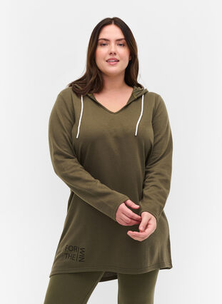 Langes Sweatshirt mit V-Ausschnitt und Kapuze, Ivy Green, Model image number 0