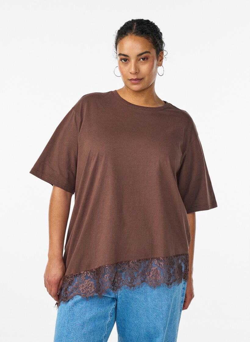 T-Shirt mit asymmetrischem Spitzensaum, Braun, Model image number 0