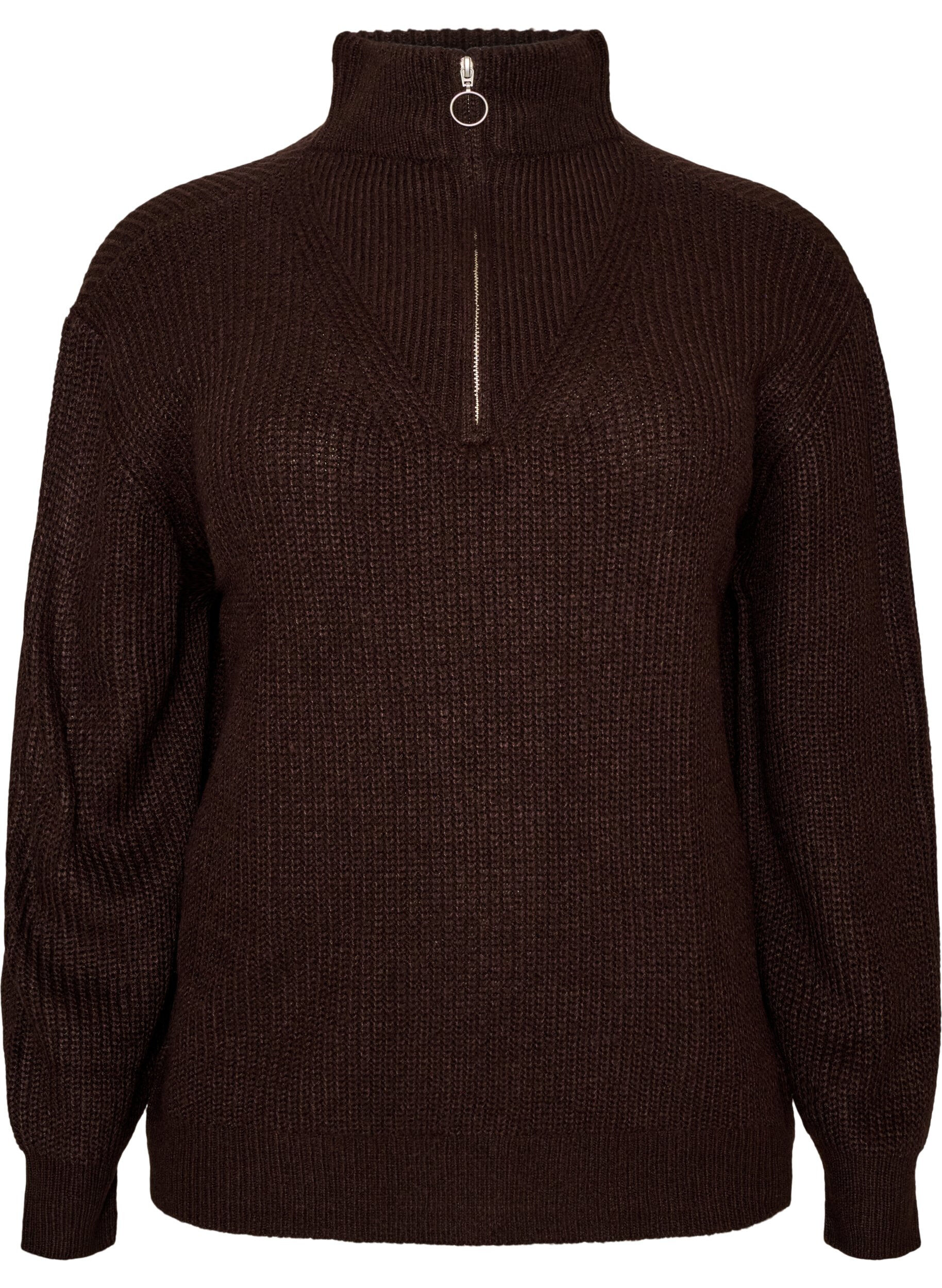ZizziStrickpullover mit hohem Kragen und Rei&szlig;verschluss, Braun, Packshot image number 0