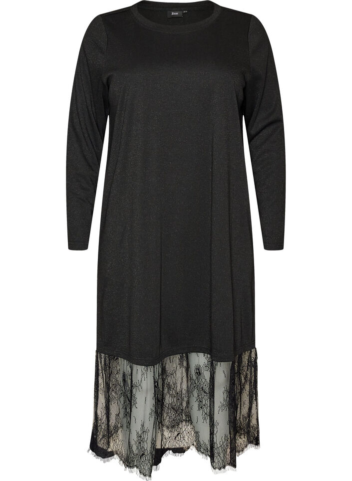 Kleid aus Jersey mit Glitzer und Spitzen, Schwarz, Packshot image number 0
