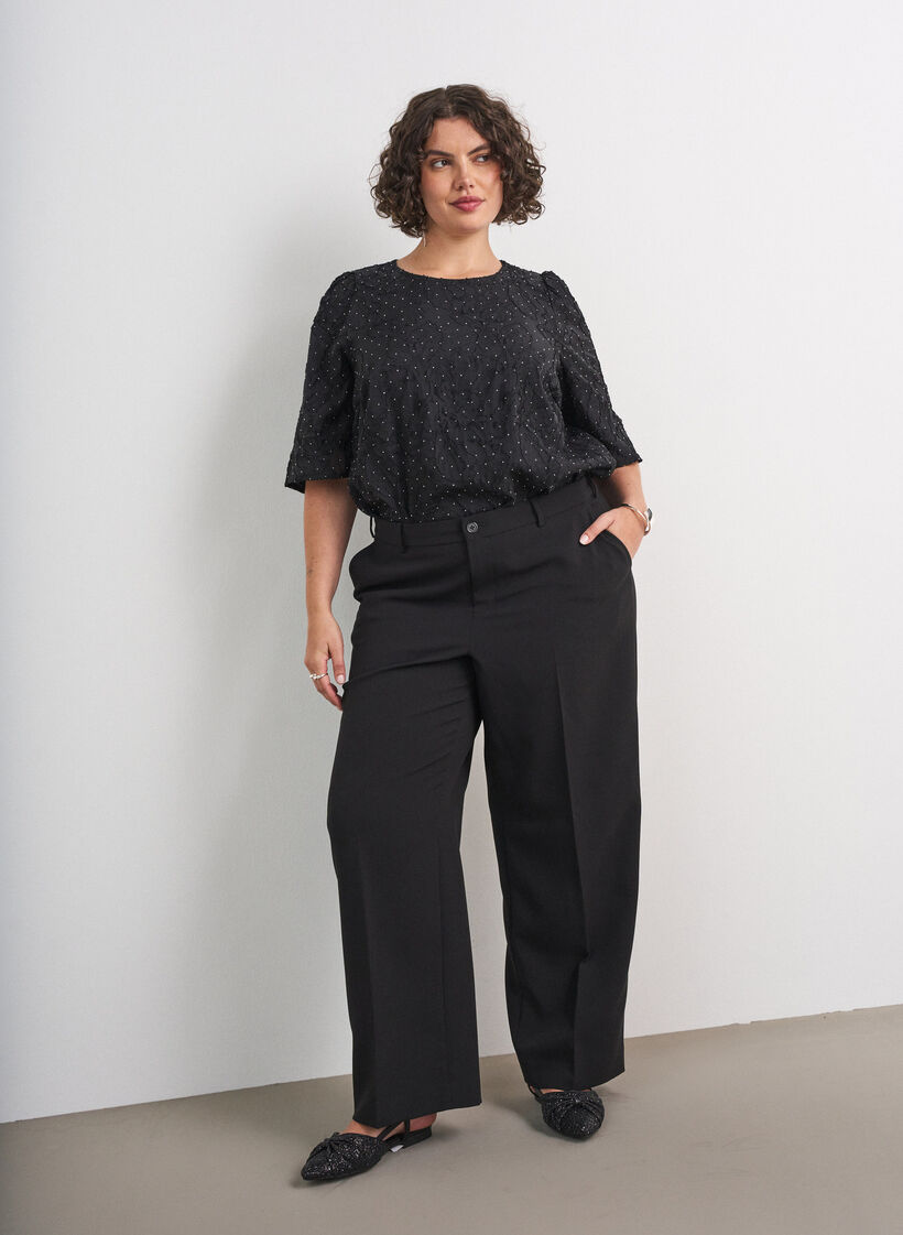 Jacquardbluse mit funkelnden Details und Puff&auml;rmeln, Schwarz, Model image number 1