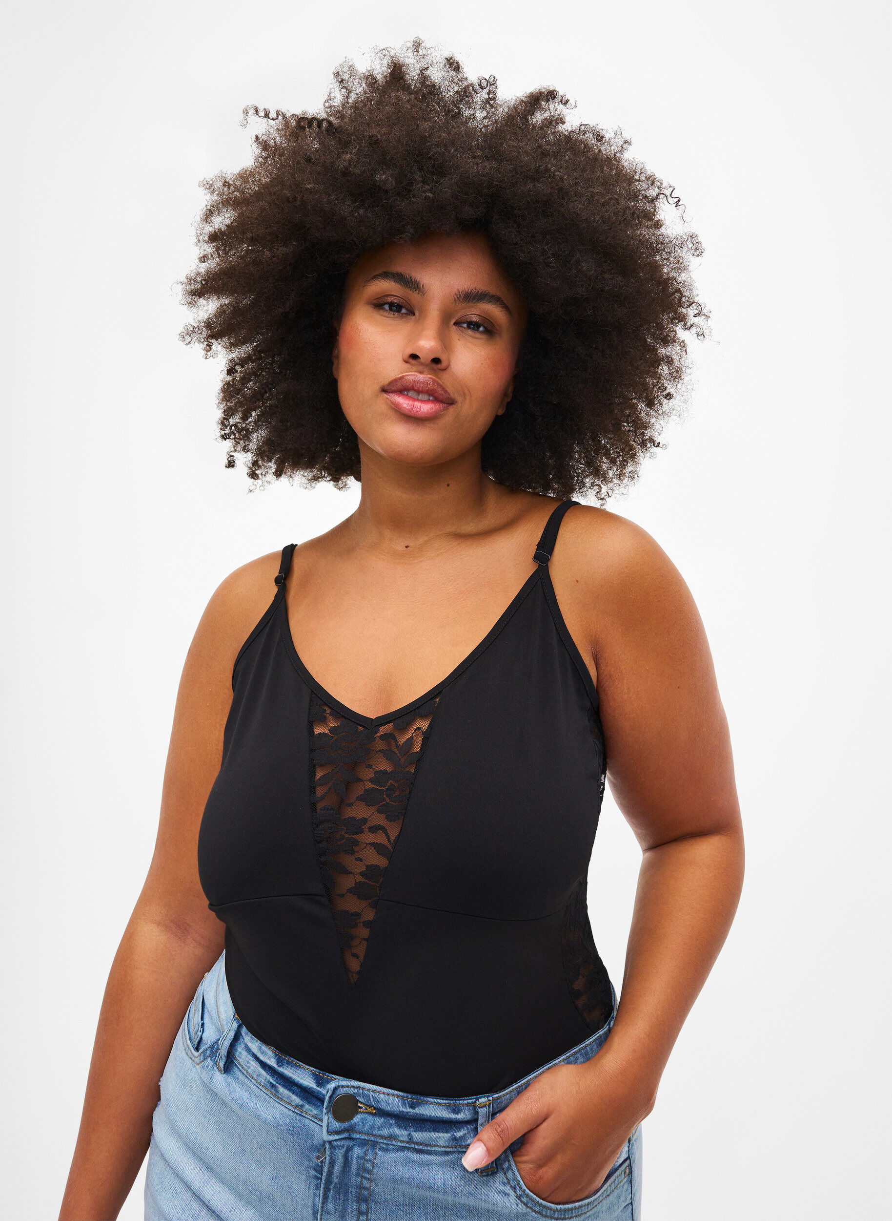 ZizziBodystocking mit Spitze und schmalen Tr&auml;gern, Black, Model image number 0