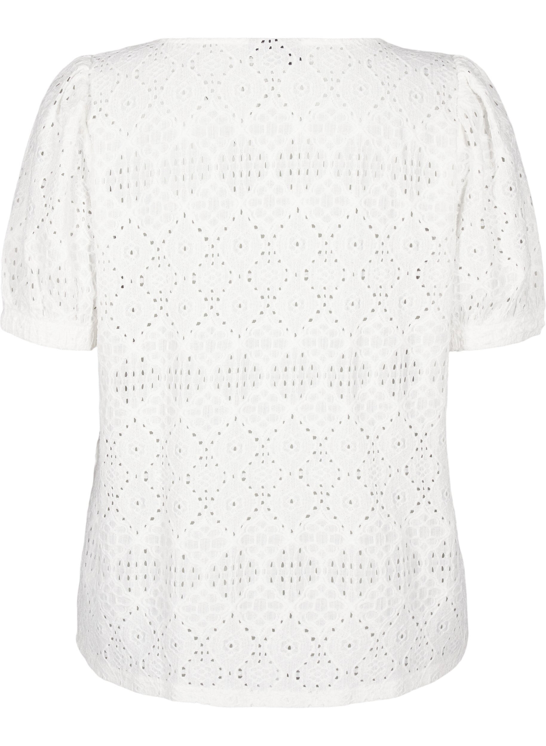 Zizzi Kurz&auml;rmelige Bluse mit Lochmuster, Bright White, Packshot image number 1