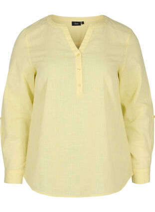 Hemdbluse aus Baumwolle mit V-Ausschnitt, Yellow, Packshot image number 0
