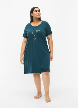 Kurzärmeliges Nachthemd aus Bio-Baumwolle , Deep Teal Lets, Model image number 2