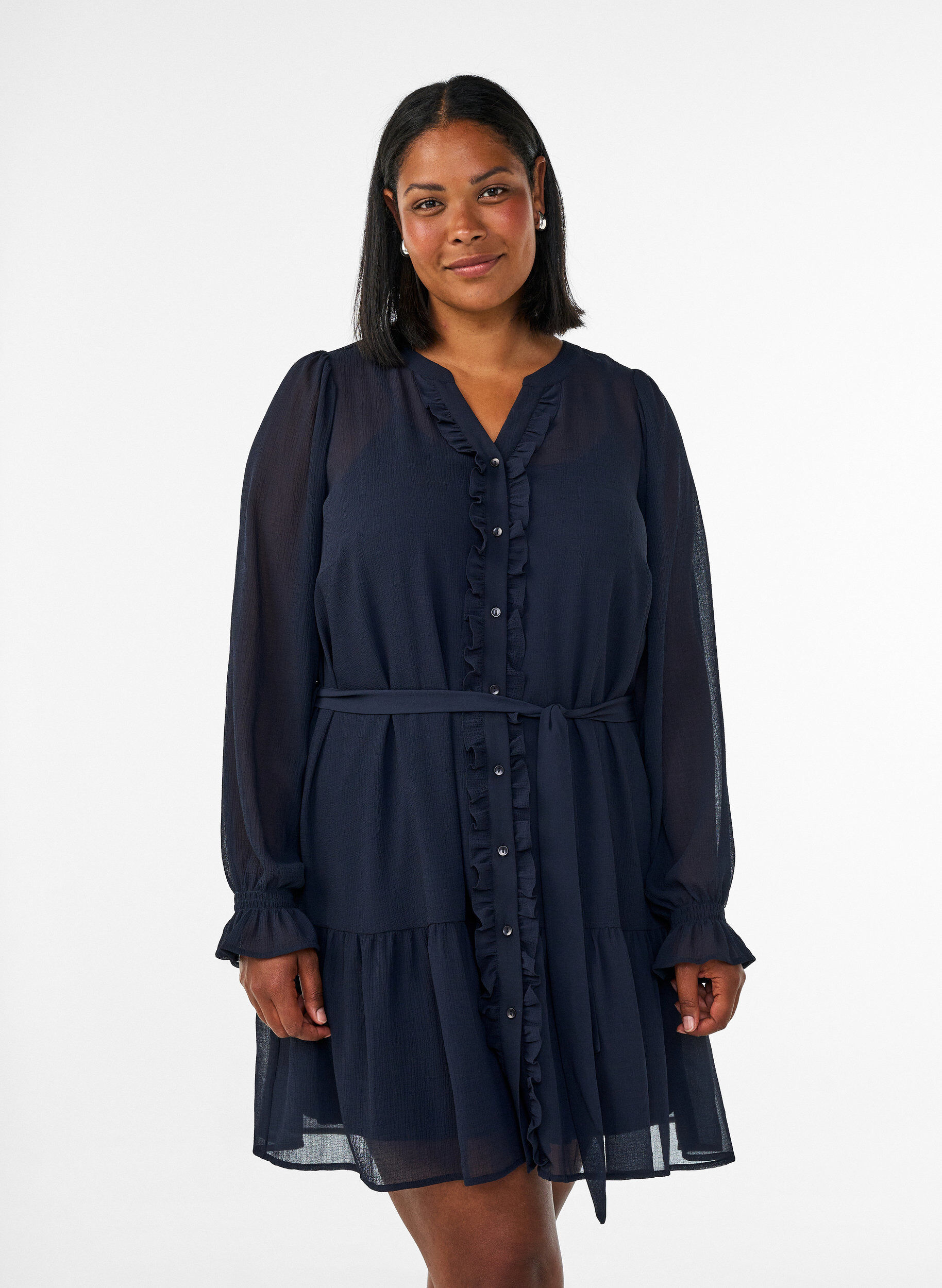 ZizziKurzes Kleid mit R&uuml;schendetails und Bindeg&uuml;rtel, Blau, Model image number 0