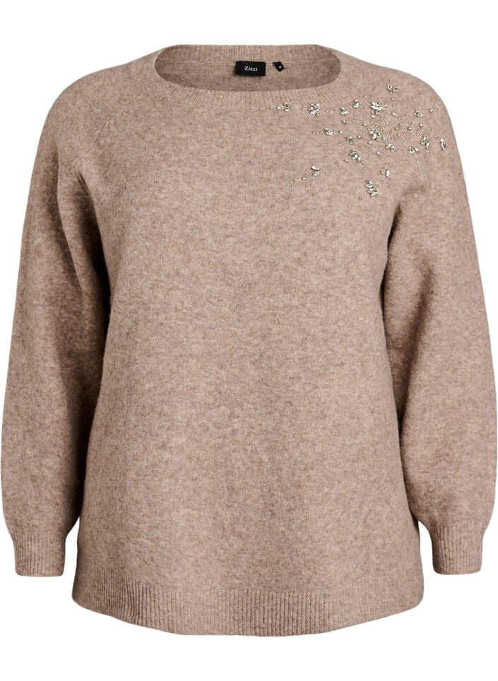 Bluse aus Strick mit Strasssteinen und Nieten, Beige, Packshot image number 0