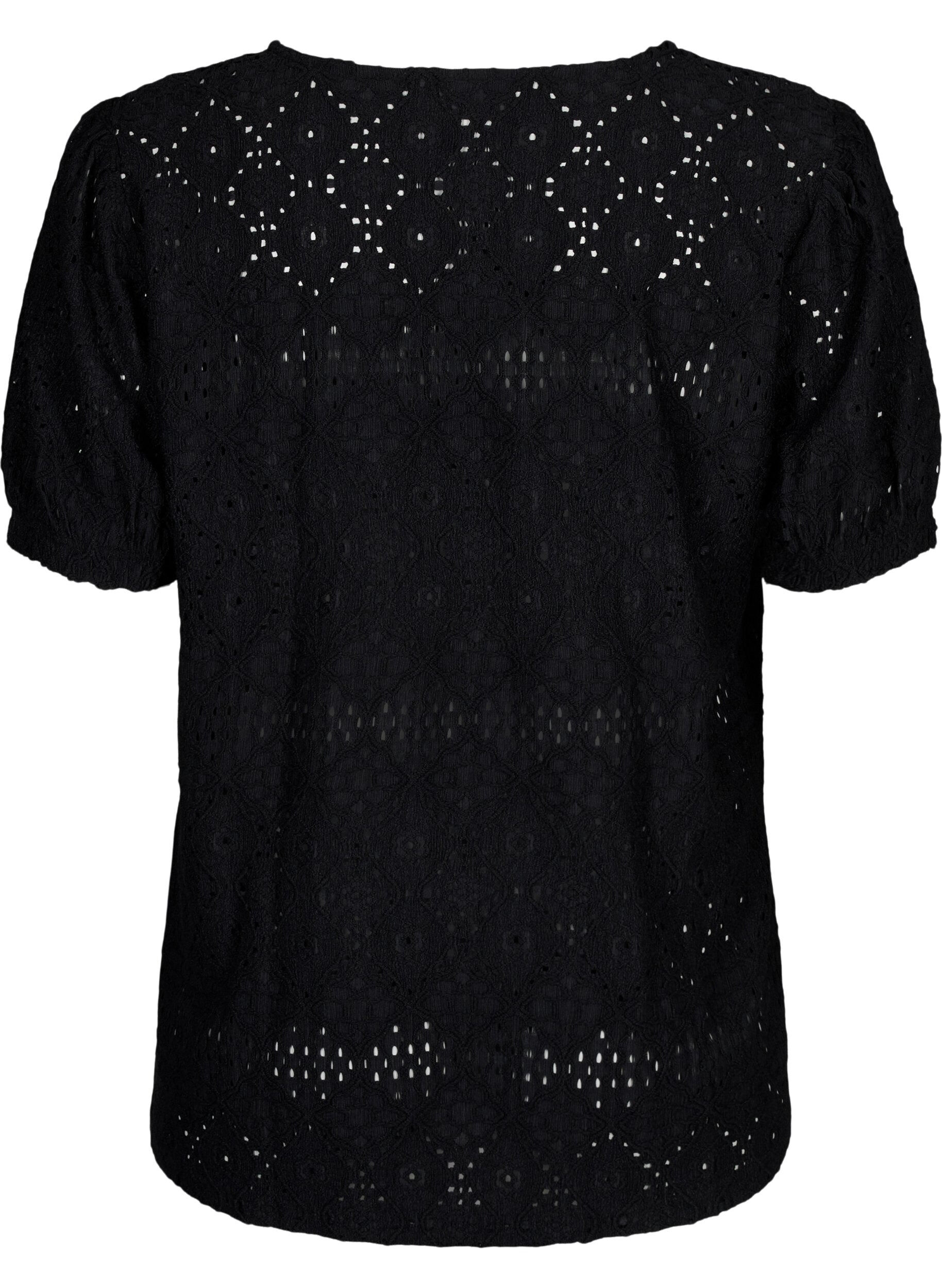 Zizzi Kurz&auml;rmelige Bluse mit Lochmuster, Black, Packshot image number 1