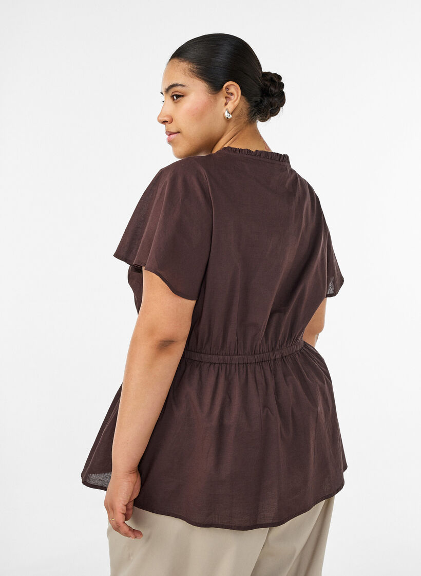 Baumwollbluse mit Bindeband und elastischer Taille, Braun, Model image number 2