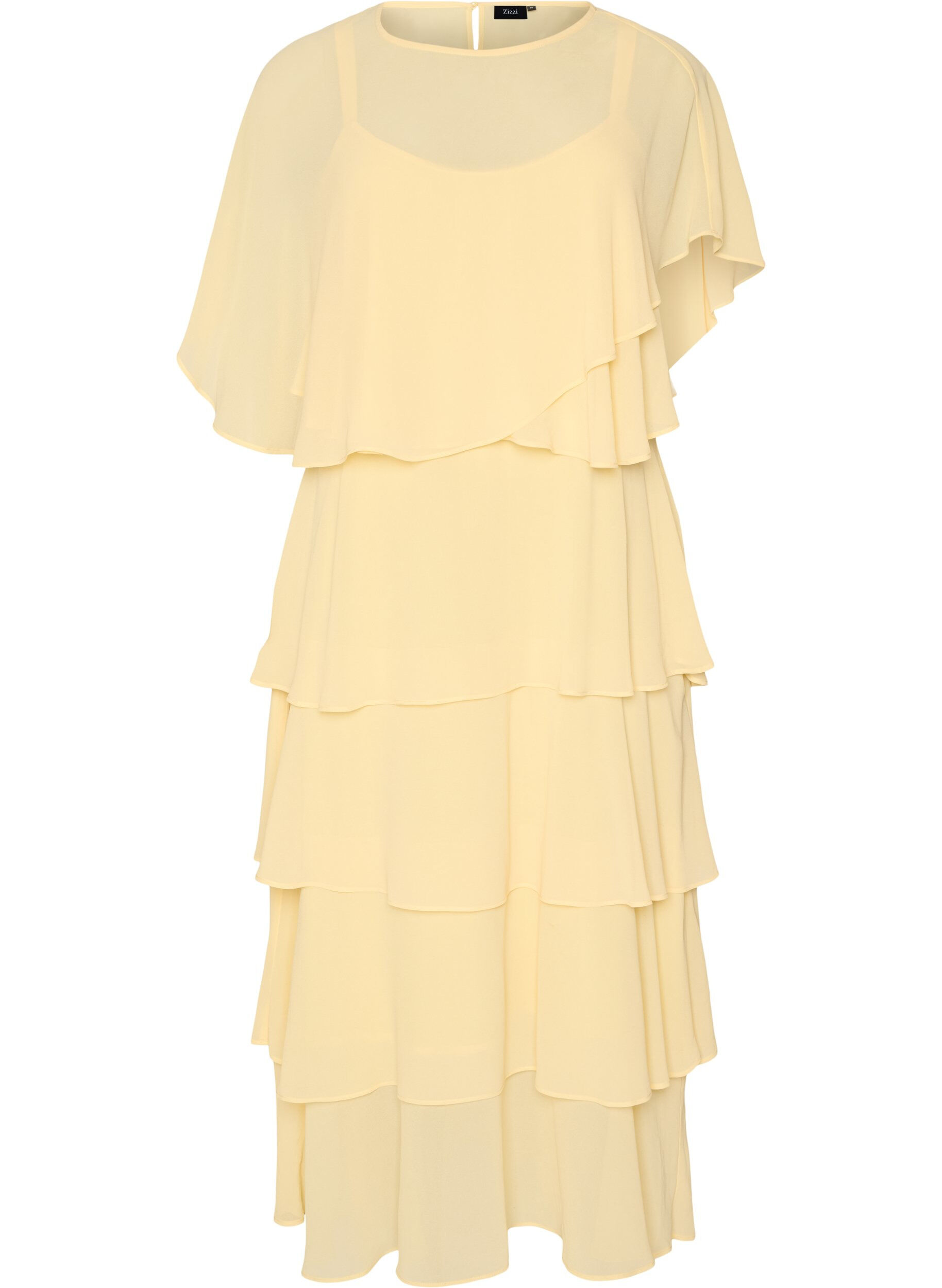 ZizziMaxikleid mit R&uuml;schen-Volants und abnehmbarem Cape, Gelb, Packshot image number 0