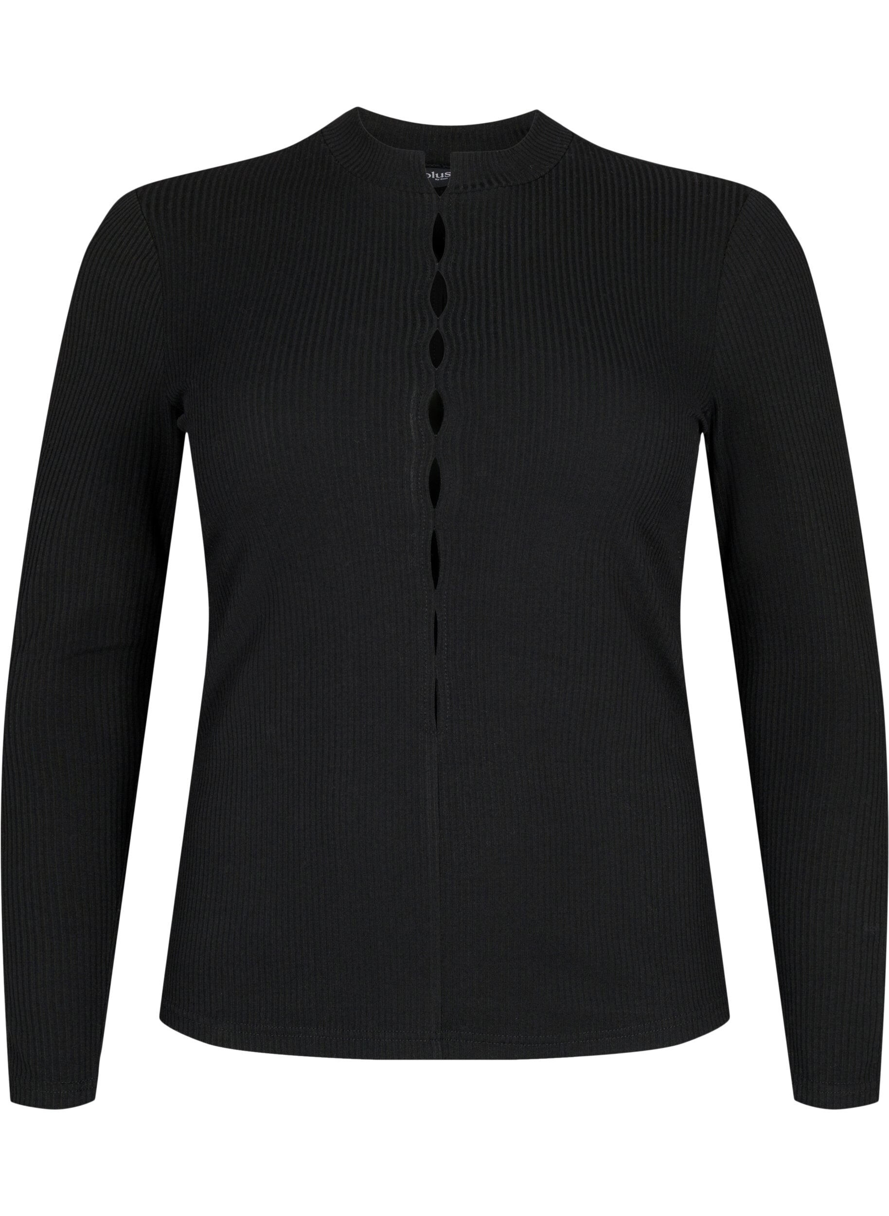 ZizziLang&auml;rmelige gerippte Bluse mit Lochdetails, Black, Packshot image number 0