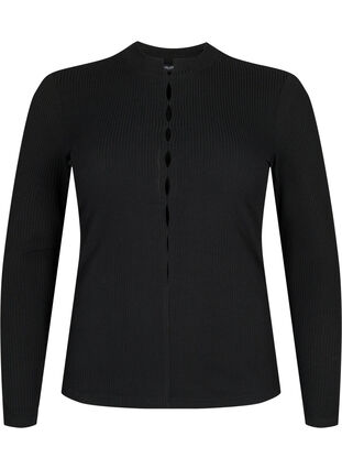 Langärmelige gerippte Bluse mit Lochdetails, Black, Packshot image number 0
