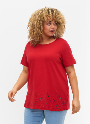 T-Shirt aus Baumwolle mit Broderi anglaise, Tango Red, Model image number 0
