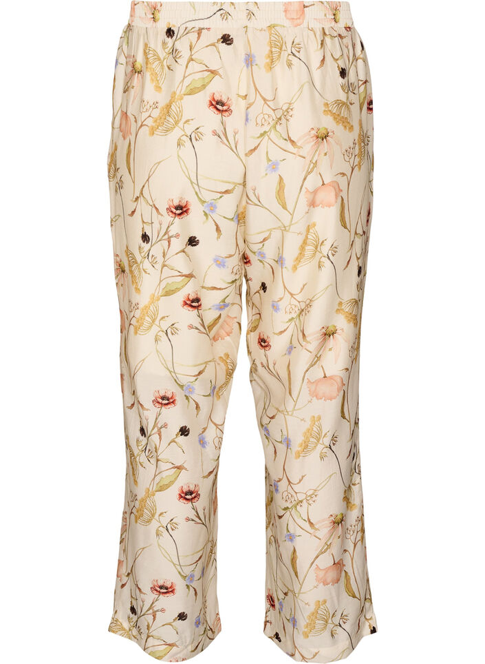 Hoch taillierte Hose aus Viskose mit Blumenmuster, Beige, Packshot