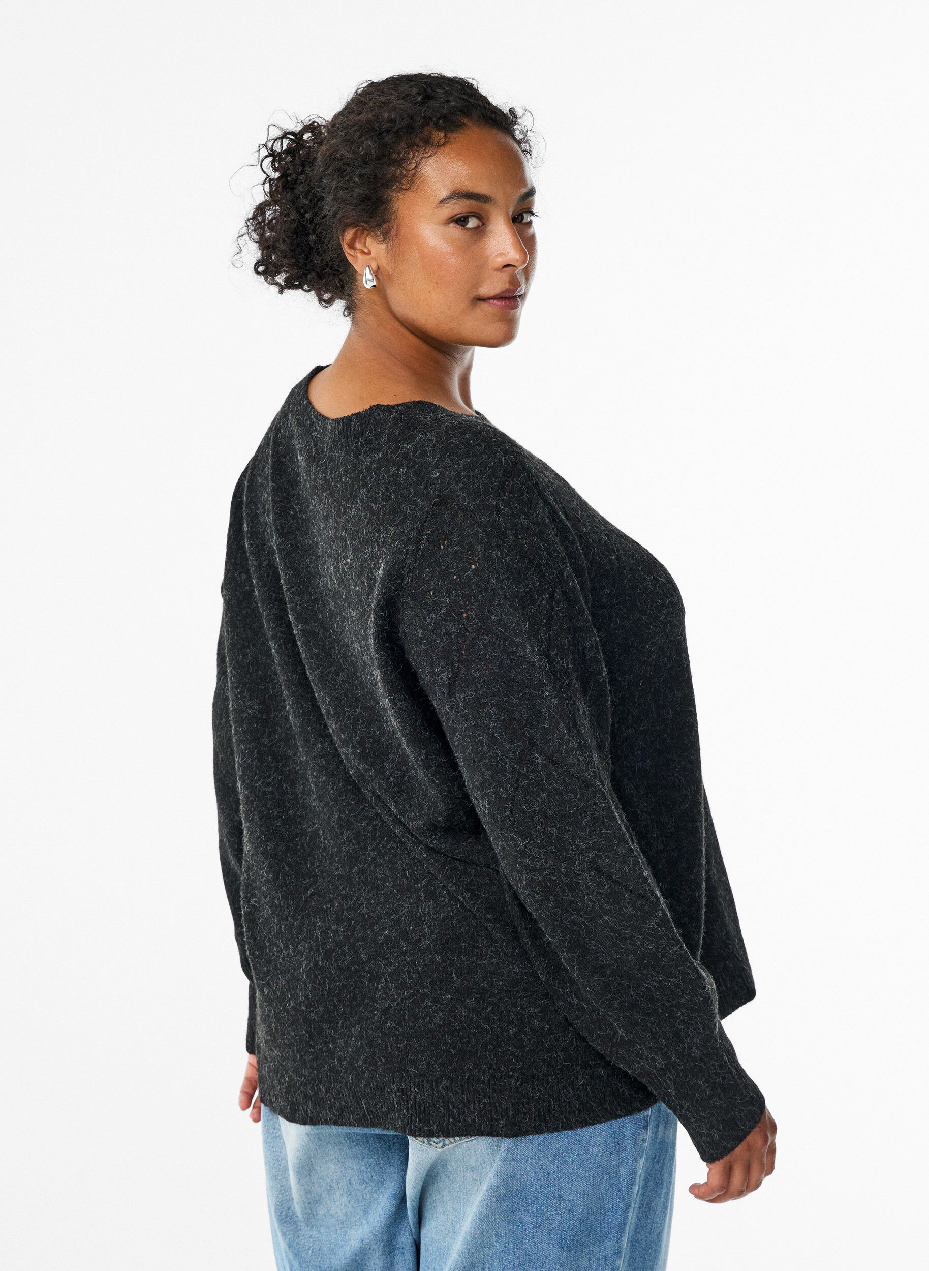 ZizziStricktop mit Lochmuster und Ballon&auml;rmeln, Grau, Model image number 2