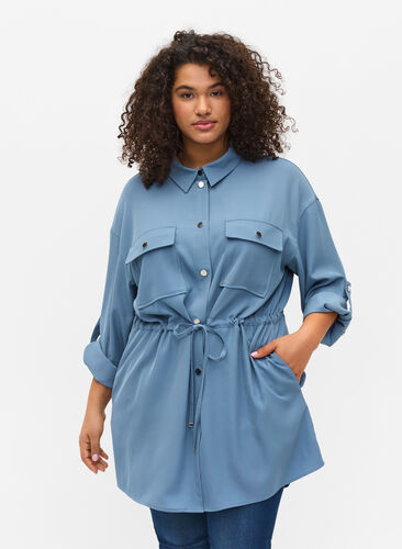 Hemdjacke mit Bindeschnüren und Taschen, Blue Shadow, Model image number 0
