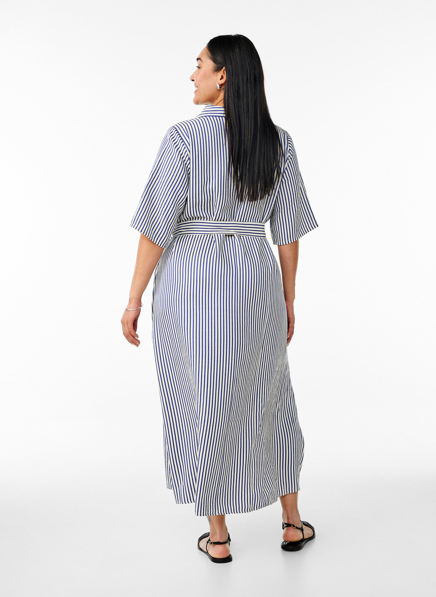 ZizziKn&ouml;chellanges Hemdblusenkleid mit Bindeg&uuml;rtel und Streifen, Blau, Model image number 1