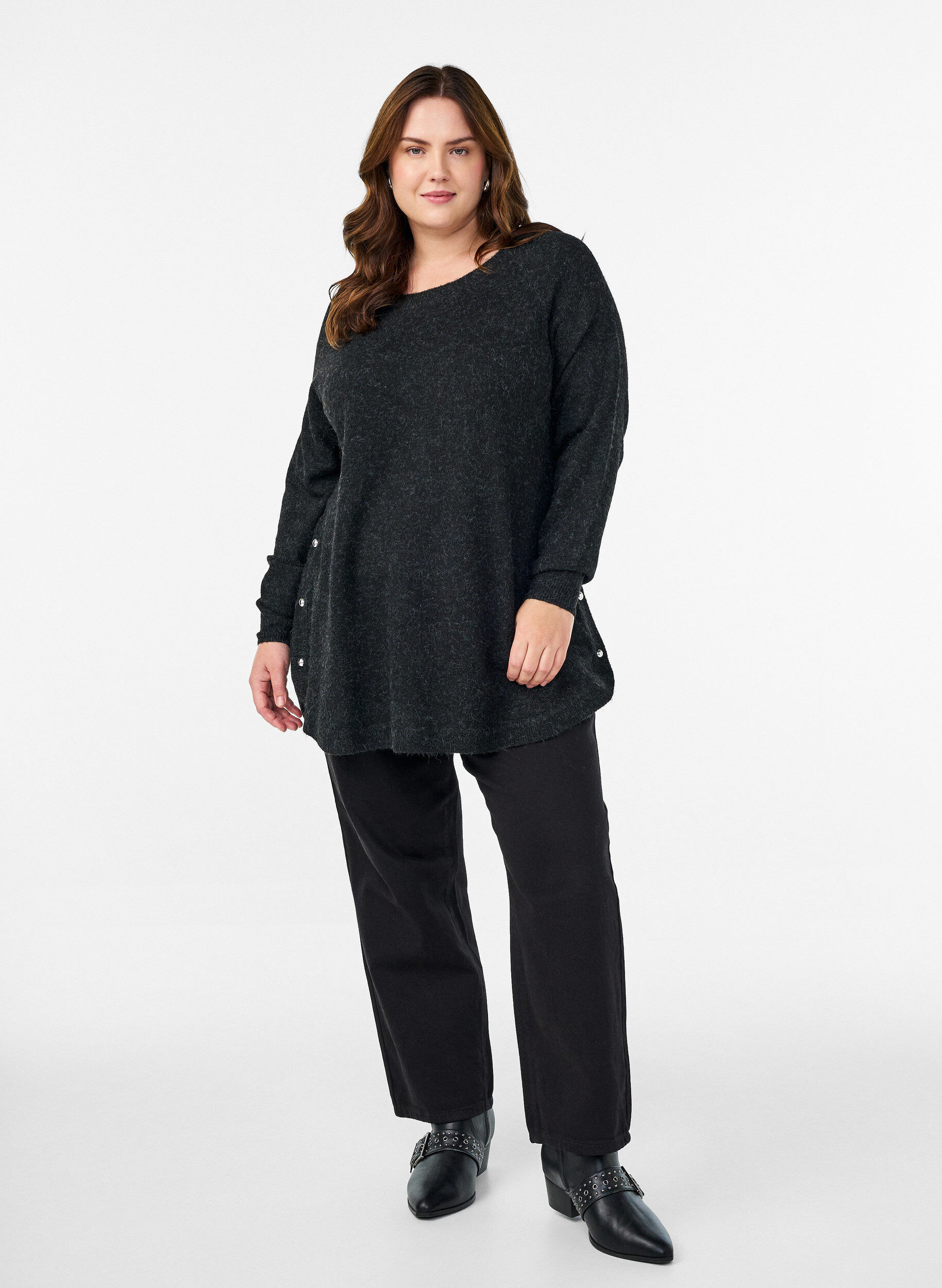 ZizziLange Strickbluse mit Kugelkn&ouml;pfen, Grau, Model image number 1