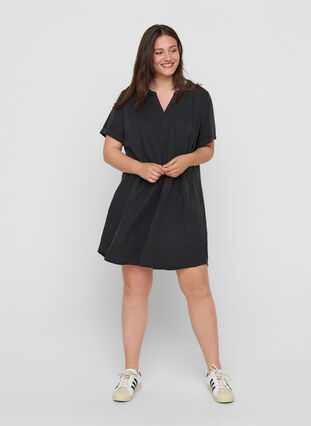 Kurzarm Kleid mit V-Ausschnitt, Black, Model image number 2