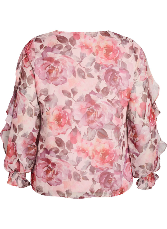 Gebl&uuml;mte Bluse mit V-Ausschnitt und R&uuml;schen&auml;rmeln, Rot, Packshot image number 1