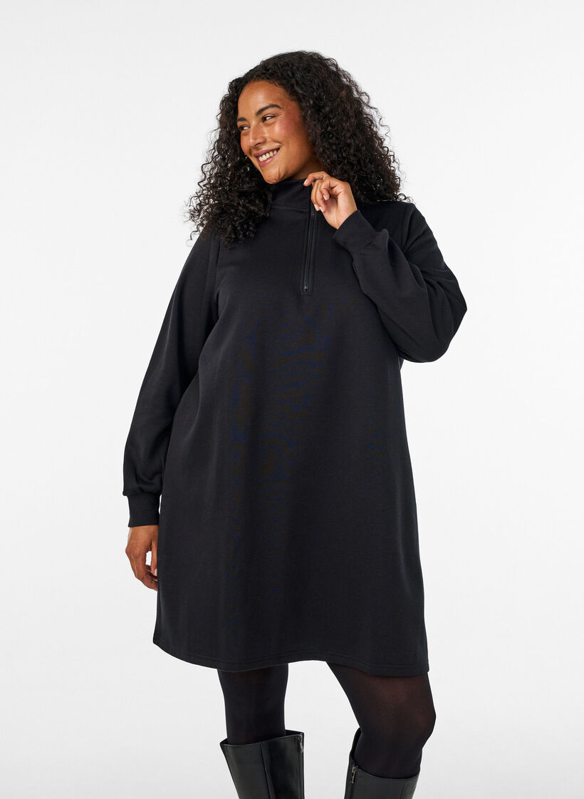 Sweatkleid mit hohem Rippkragen und Rei&szlig;verschluss, Schwarz, Model image number 0