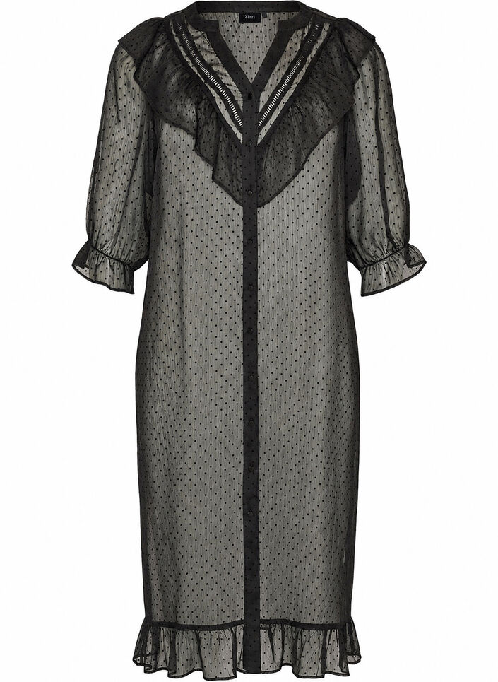 Midikleid aus einem leichten, transparenten Stoff mit Punkten und R&uuml;schen, Schwarz, Packshot image number 0