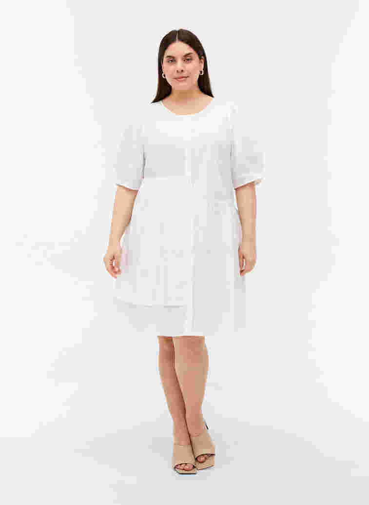 Hemdkleid aus Baumwolle mit Puffärmeln, Bright White, Model image number 2
