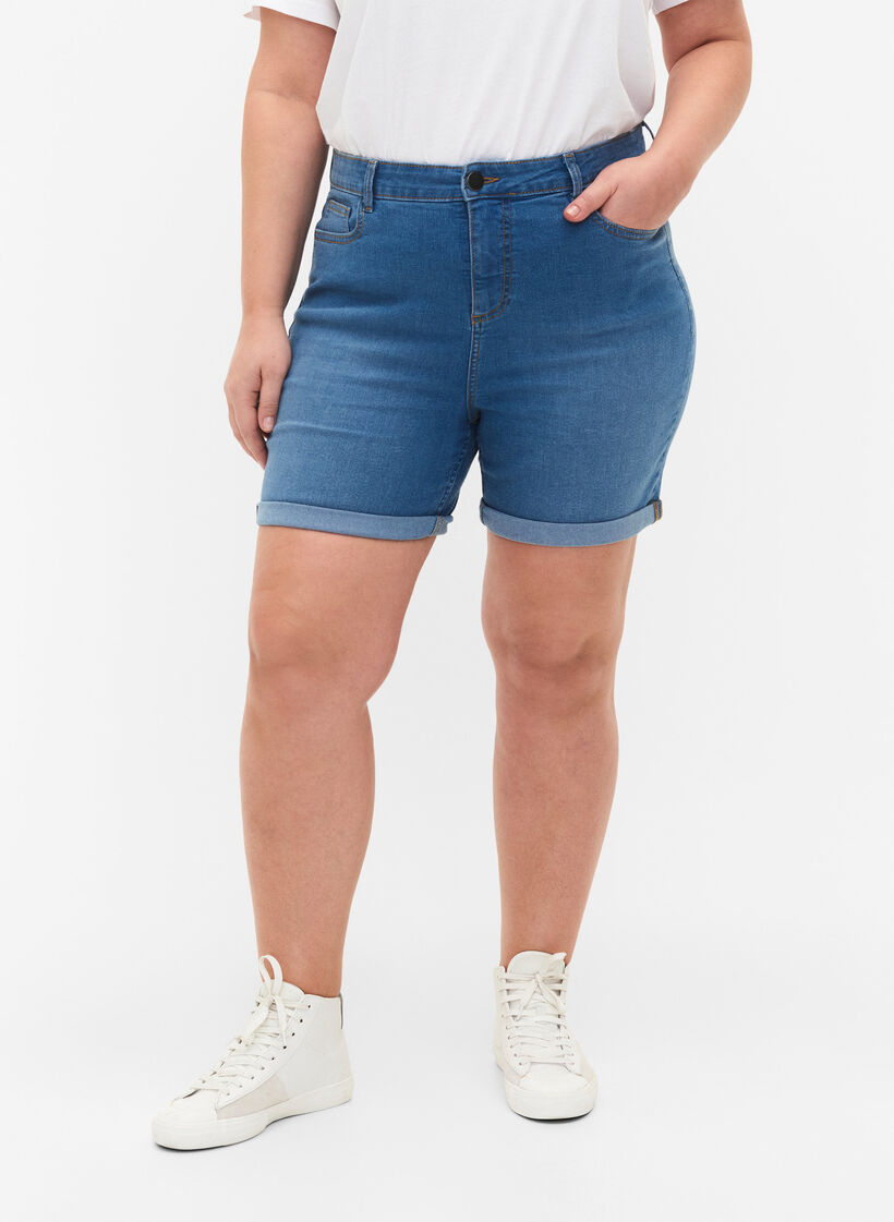 Hoch taillierte Jeansshorts mit Slim Fit, Medium Blue Denim, Model image number 2