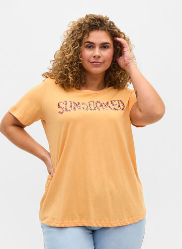 Kurzarm T-Shirt aus Baumwolle mit Aufdruck, Apricot Nectar SUN, Model image number 0
