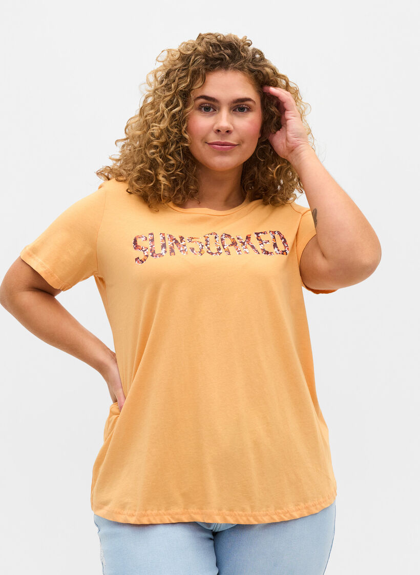 Kurzarm T-Shirt aus Baumwolle mit Aufdruck, Apricot Nectar SUN, Model
