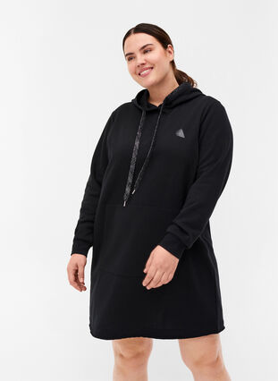 Langes Sweatshirt mit Kapuze und großer Tasche, Black, Model image number 0