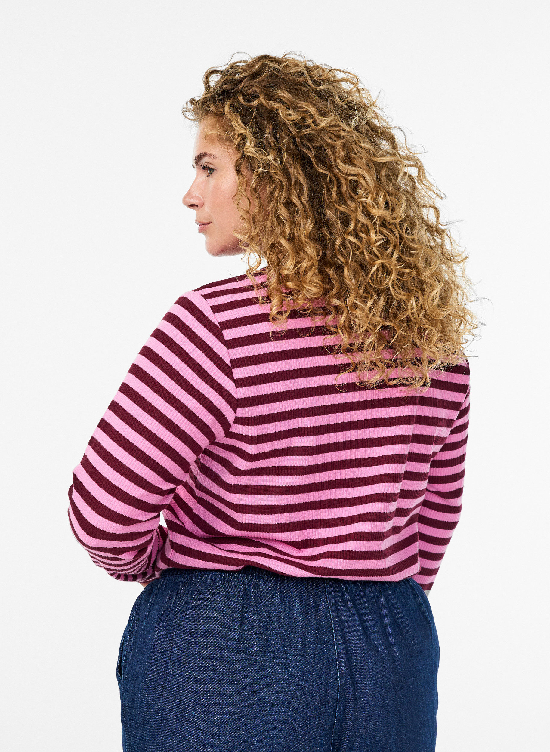 ZizziGestreifte Jerseybluse mit Rippstruktur, Pink, Model image number 2