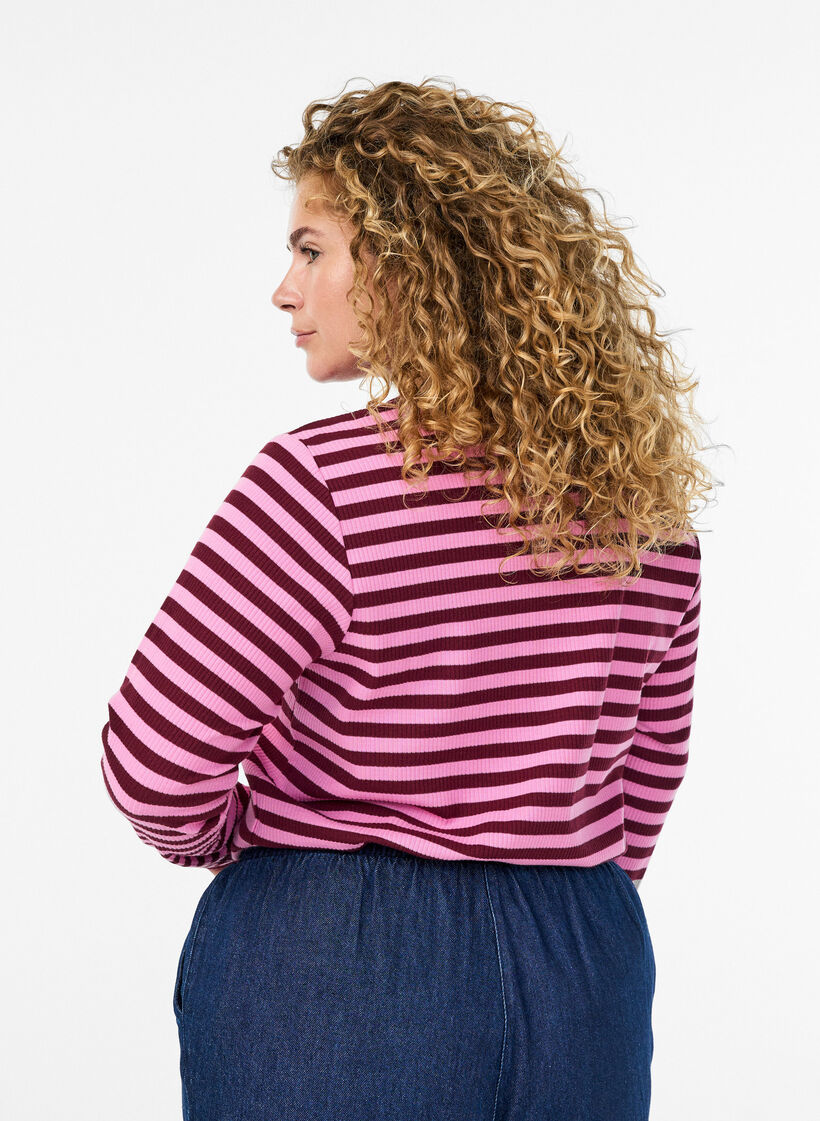 Gestreifte Jerseybluse mit Rippstruktur, Pink, Model image number 2