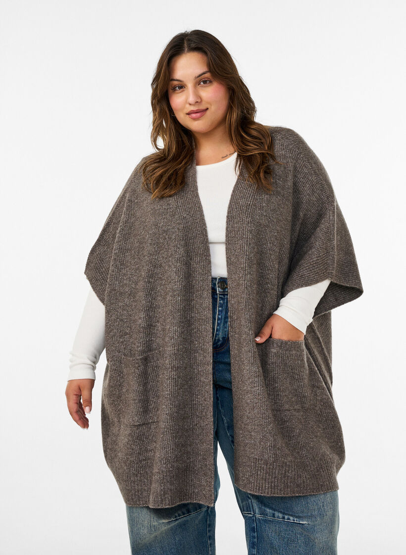 Strickjacke mit offener Vorderseite und weiten &Auml;rmeln, Braun, Model image number 0