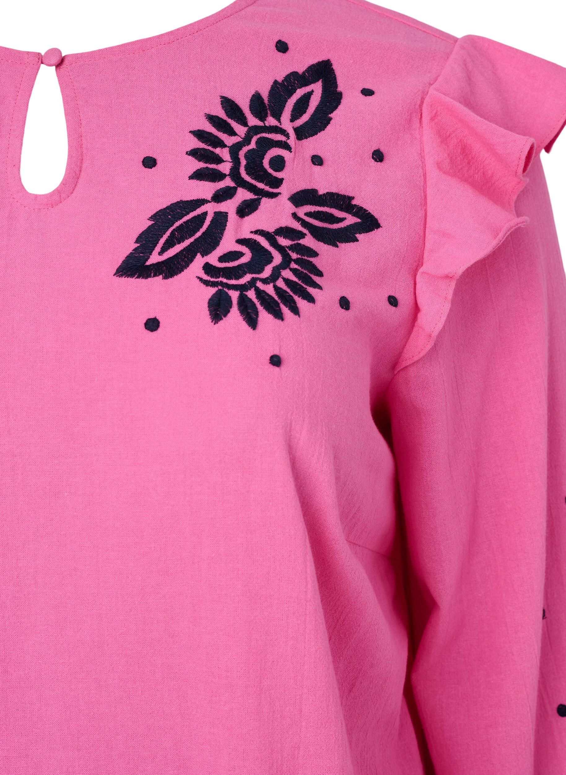 ZizziBaumwollbluse mit Stickerei und R&uuml;schen, Pink, Packshot image number 2