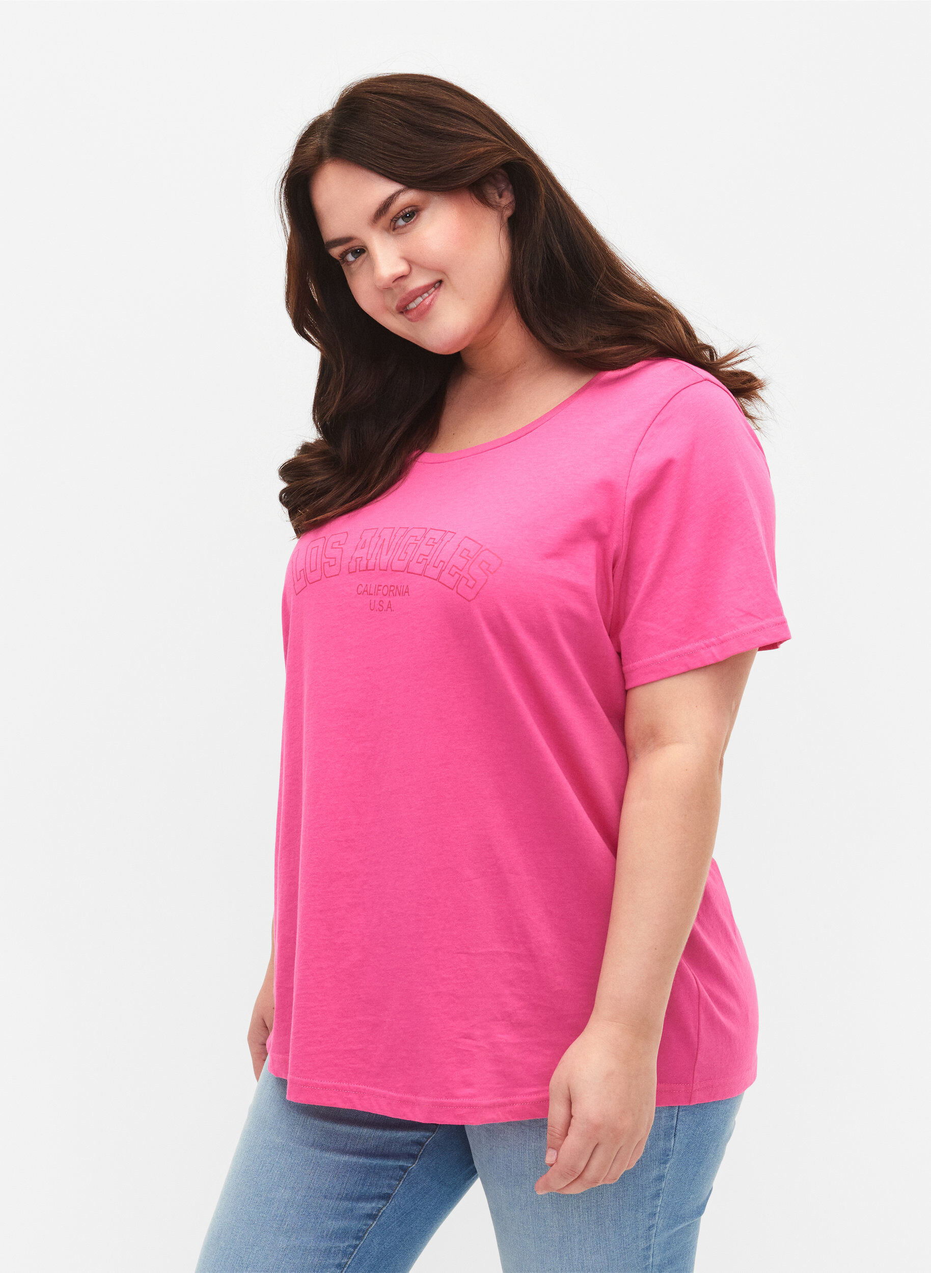 ZizziT-Shirt aus Baumwolle mit Textprint, Shocking Pink W. LOS, Model image number 0