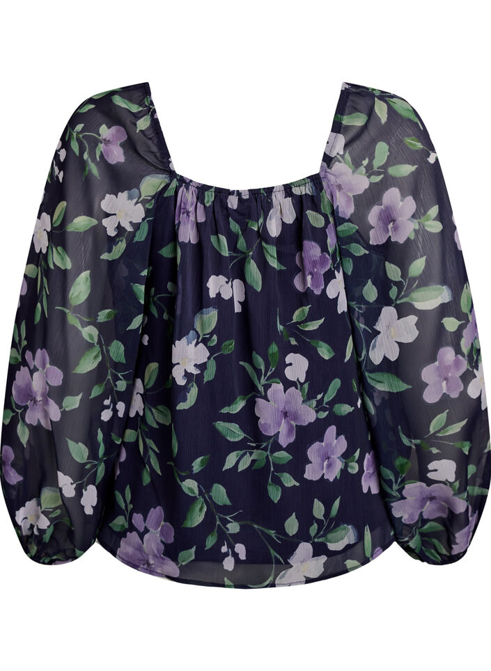 Bluse aus Chiffon mit gebl&uuml;mtem Print und langen &Auml;rmeln, Blau, Packshot image number 1