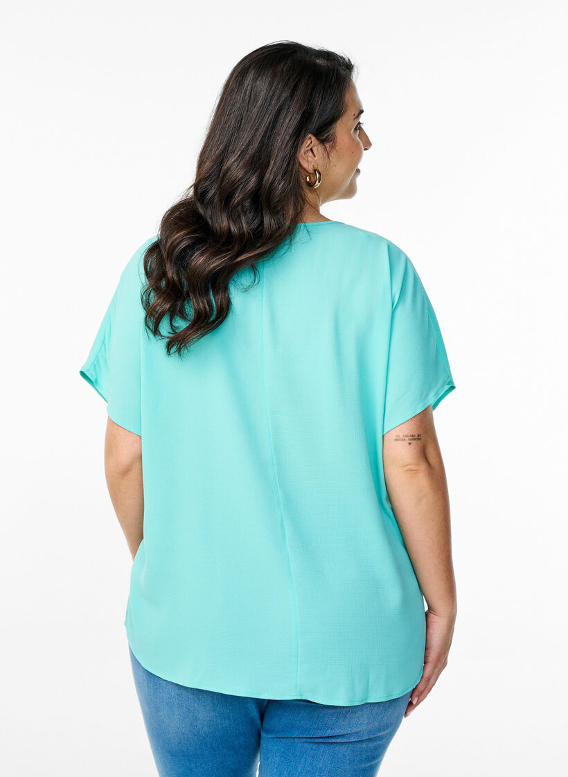 Bluse mit kurzen &Auml;rmeln und einem Rundhalsausschnitt, Blau, Model image number 2