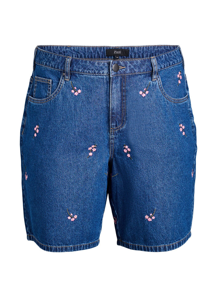 Denim-Shorts mit aufgestickten Blumen, Blau, Packshot image number 0