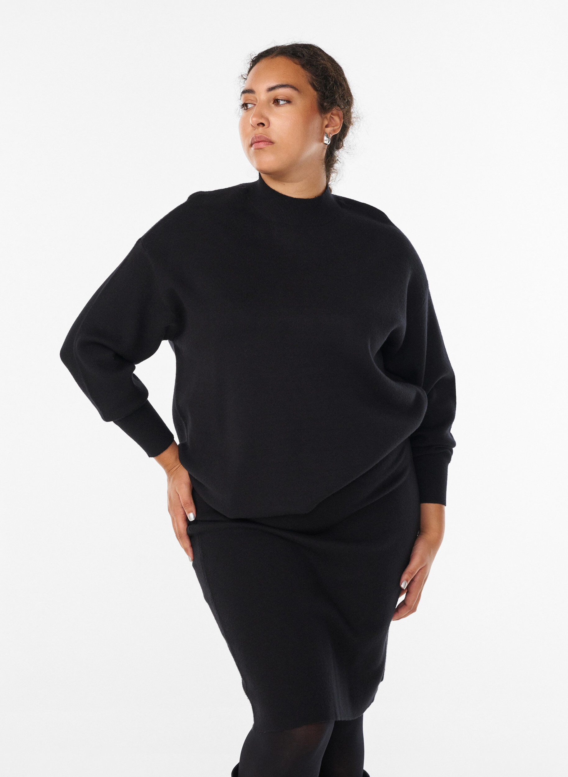 ZizziKurzer Strickrock mit breitem Bund, Schwarz, Model image number 1
