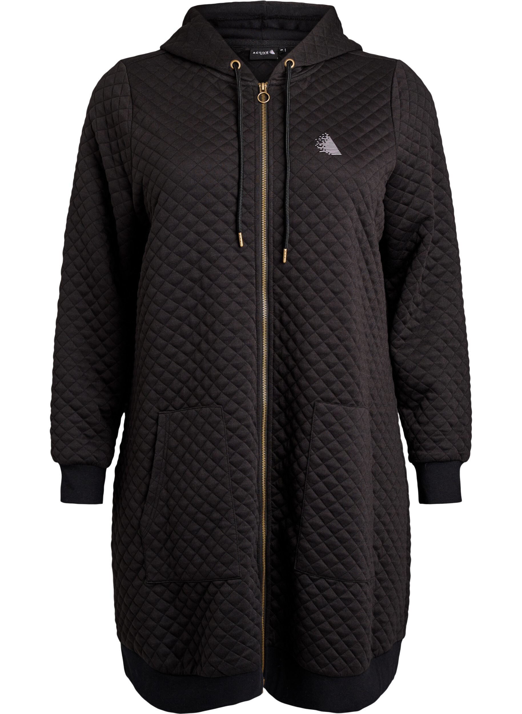 ZizziLange gesteppte Kapuzenjacke mit Rei&szlig;verschluss und Taschen, Schwarz, Packshot image number 0