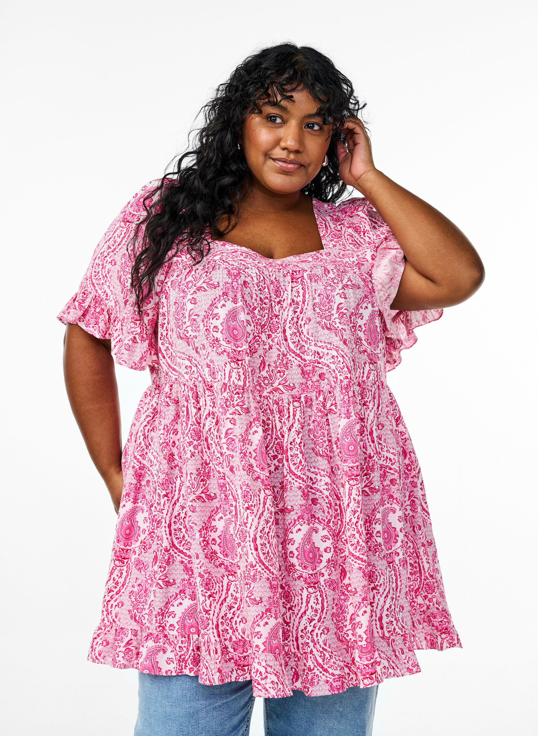 Tunika mit R&uuml;schen und Paisley-Print, Pink, Model